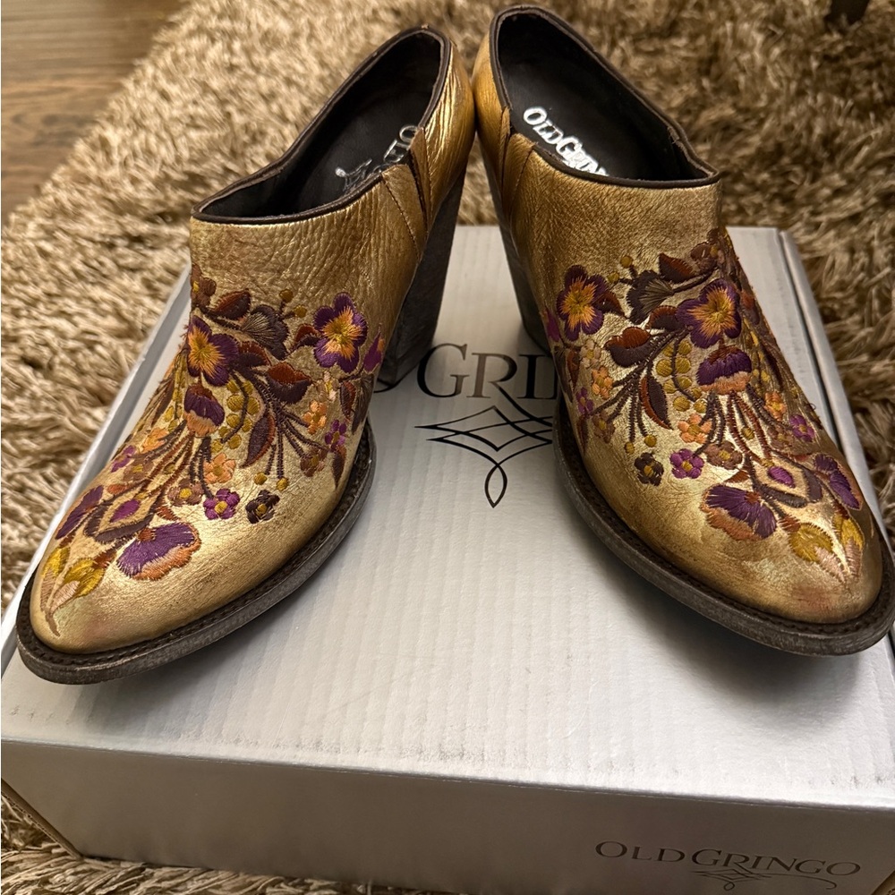 Old Gringo Gold and Purple Mules with Floral Embroidery